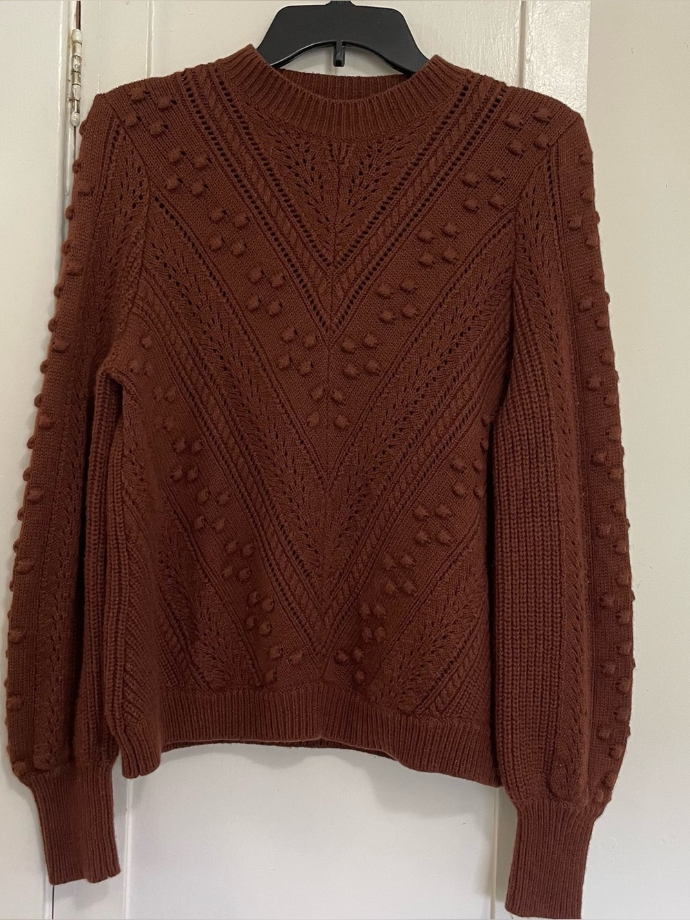 Sezane Rich Brown Pom-Pom Cable Crewneck Sweater small